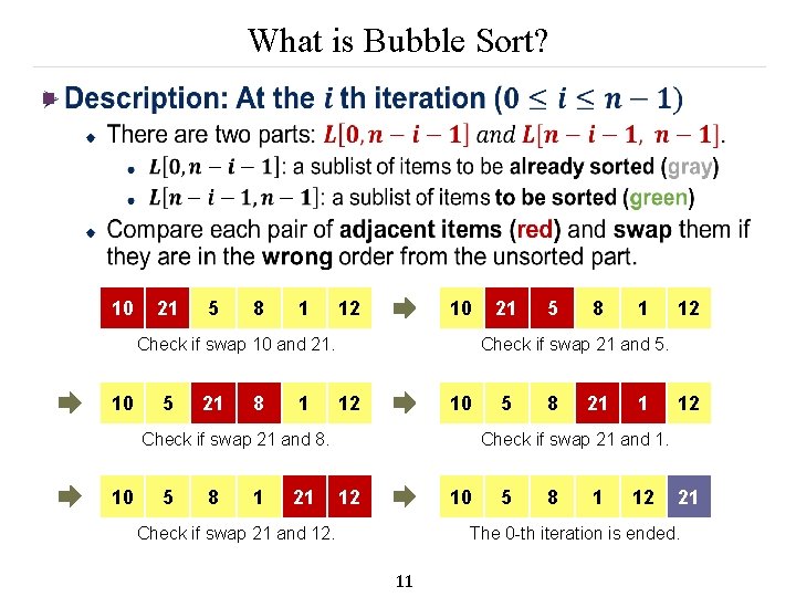 What is Bubble Sort? n 10 21 5 8 1 12 10 Check if