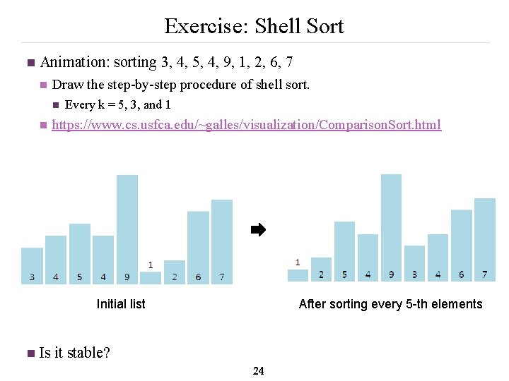 Exercise: Shell Sort n Animation: sorting 3, 4, 5, 4, 9, 1, 2, 6,