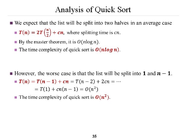 Analysis of Quick Sort n 35 