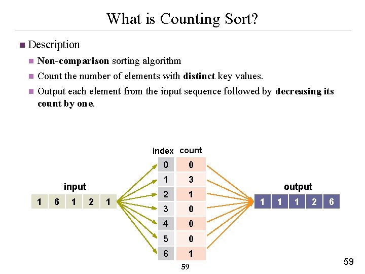 What is Counting Sort? n Description n Non-comparison sorting algorithm Count the number of