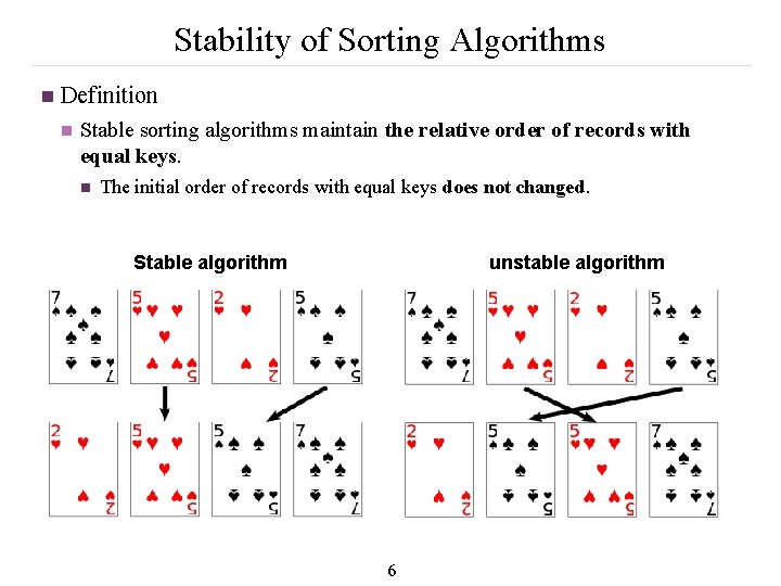 Stability of Sorting Algorithms n Definition n Stable sorting algorithms maintain the relative order