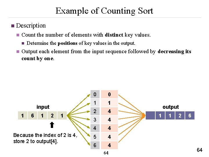 Example of Counting Sort n Description n Count the number of elements with distinct