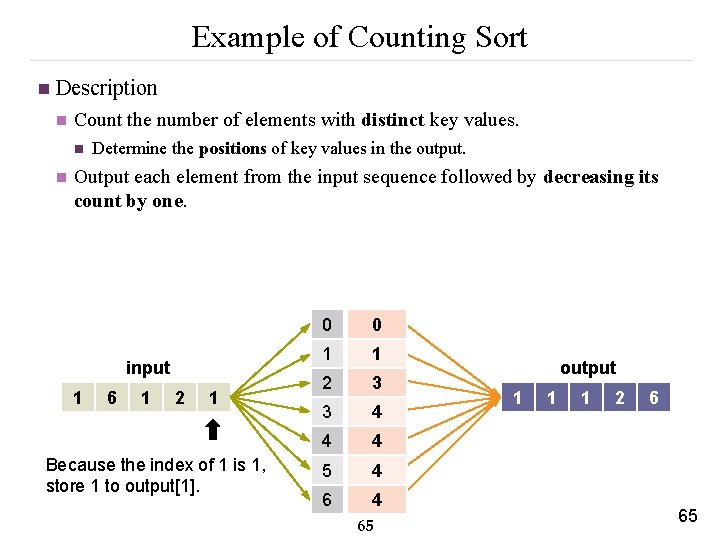 Example of Counting Sort n Description n Count the number of elements with distinct