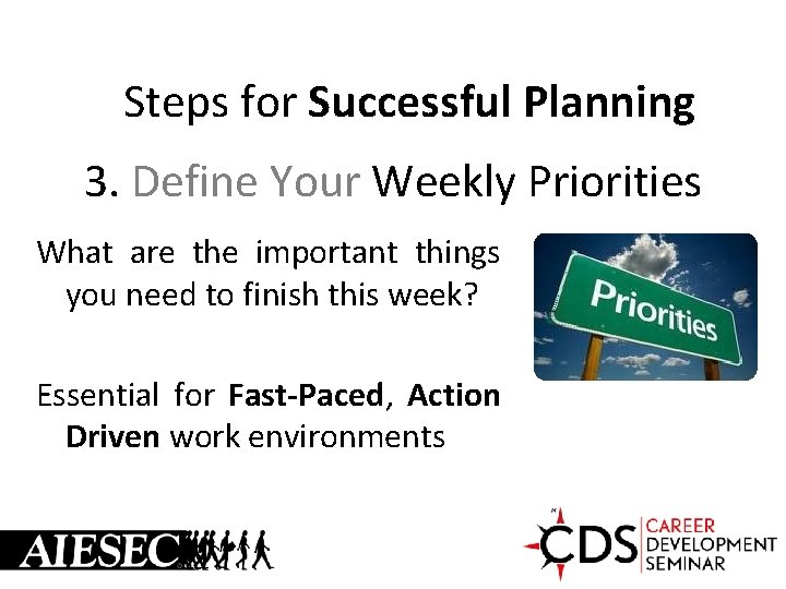 Steps for Successful Planning 3. Define Your Weekly Priorities What are the important things