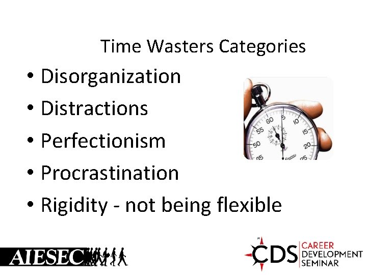 Time Wasters Categories • Disorganization • Distractions • Perfectionism • Procrastination • Rigidity -