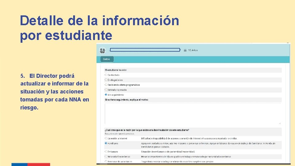 Detalle de la información por estudiante 5. El Director podrá actualizar e informar de