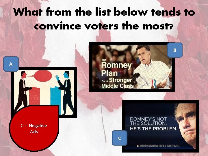 What from the list below tends to convince voters the most? B A C