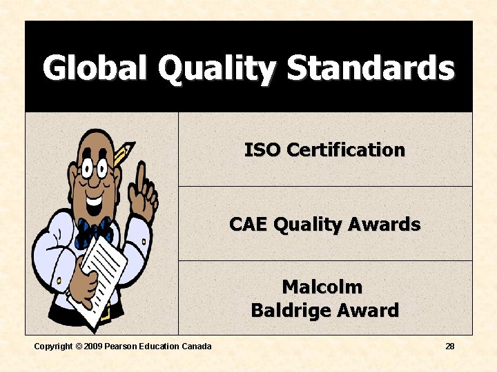 Global Quality Standards ISO Certification CAE Quality Awards Malcolm Baldrige Award Copyright © 2009 Global Quality Standards ISO Certification CAE Quality Awards Malcolm Baldrige Award Copyright © 2009
