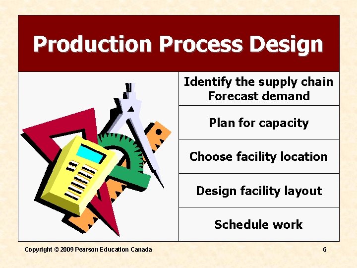 Production Process Design Identify the supply chain Forecast demand Plan for capacity Choose facility Production Process Design Identify the supply chain Forecast demand Plan for capacity Choose facility