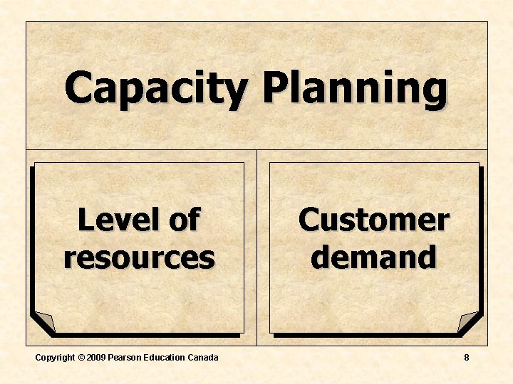 Capacity Planning Level of resources Copyright © 2009 Pearson Education Canada Customer demand 8 Capacity Planning Level of resources Copyright © 2009 Pearson Education Canada Customer demand 8