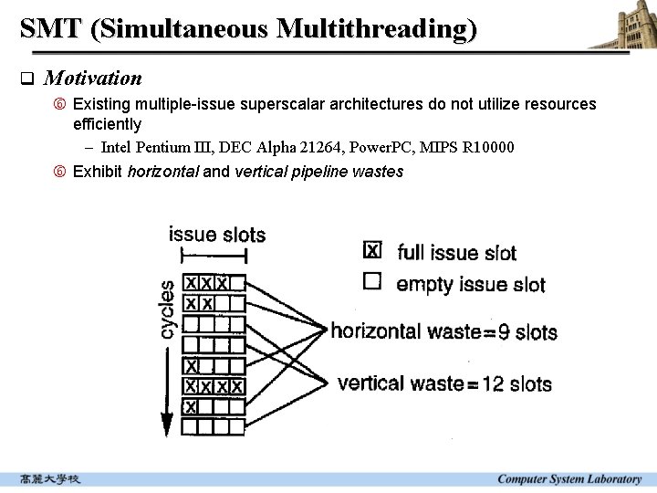 SMT (Simultaneous Multithreading) q Motivation Existing multiple-issue superscalar architectures do not utilize resources efficiently SMT (Simultaneous Multithreading) q Motivation Existing multiple-issue superscalar architectures do not utilize resources efficiently