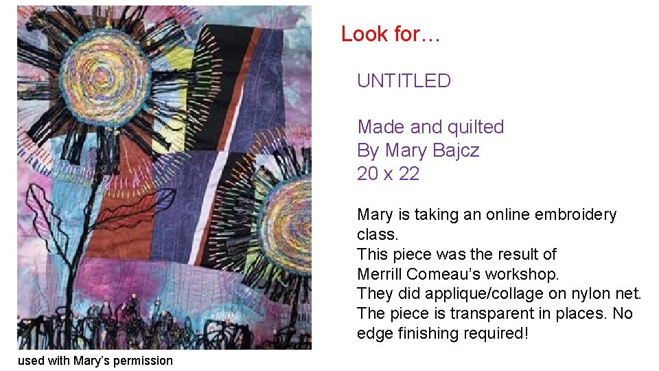 Look for… UNTITLED Made and quilted By Mary Bajcz 20 x 22 Mary is