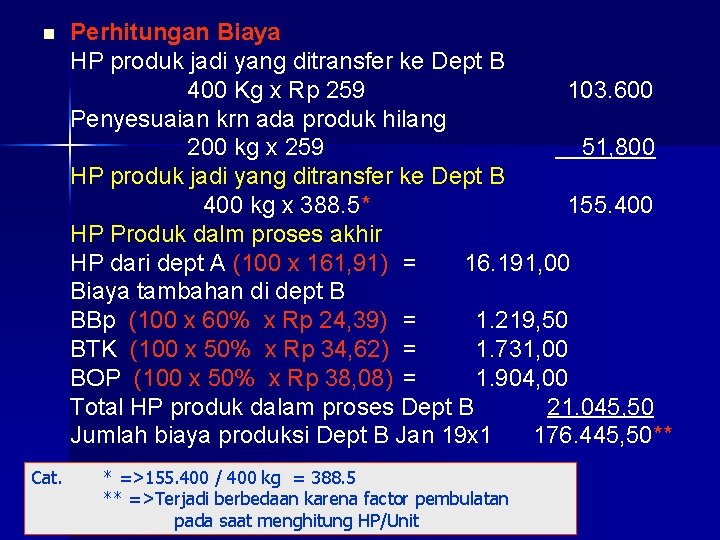 n Cat. Perhitungan Biaya HP produk jadi yang ditransfer ke Dept B 400 Kg