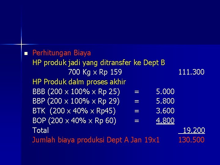 n Perhitungan Biaya HP produk jadi yang ditransfer ke Dept B 700 Kg x