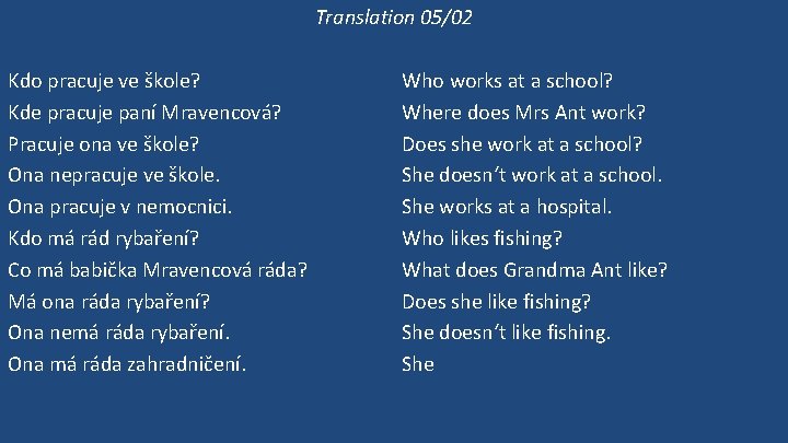 Translation 05/02 Kdo pracuje ve škole? Kde pracuje paní Mravencová? Pracuje ona ve škole?