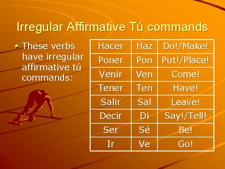 Irregular Affirmative Tú commands These verbs have irregular affirmative tú commands: Hacer Haz Do!/Make!