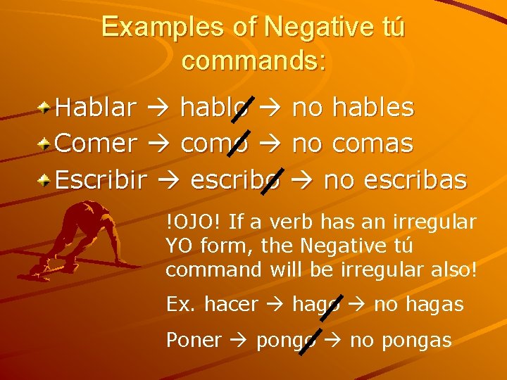 Examples of Negative tú commands: Hablar hablo no hables Comer como no comas Escribir