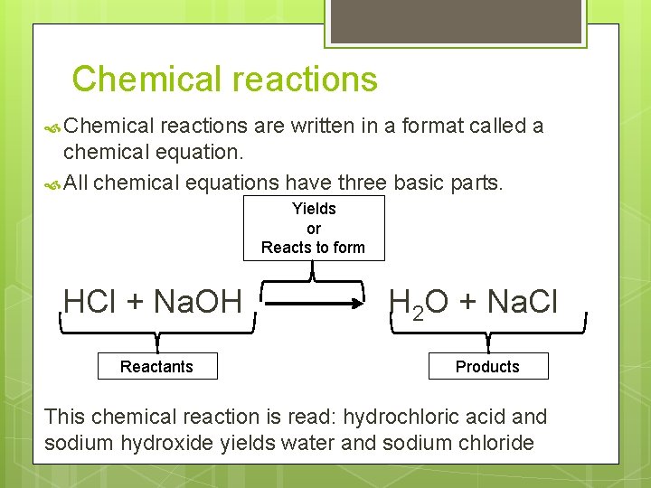 Chemical reactions are written in a format called a chemical equation. All chemical equations