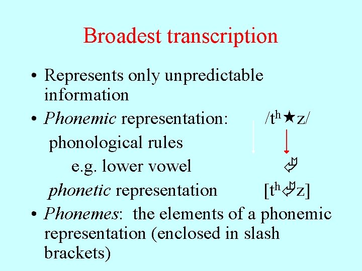 Broadest transcription • Represents only unpredictable information • Phonemic representation: /th z/ phonological rules