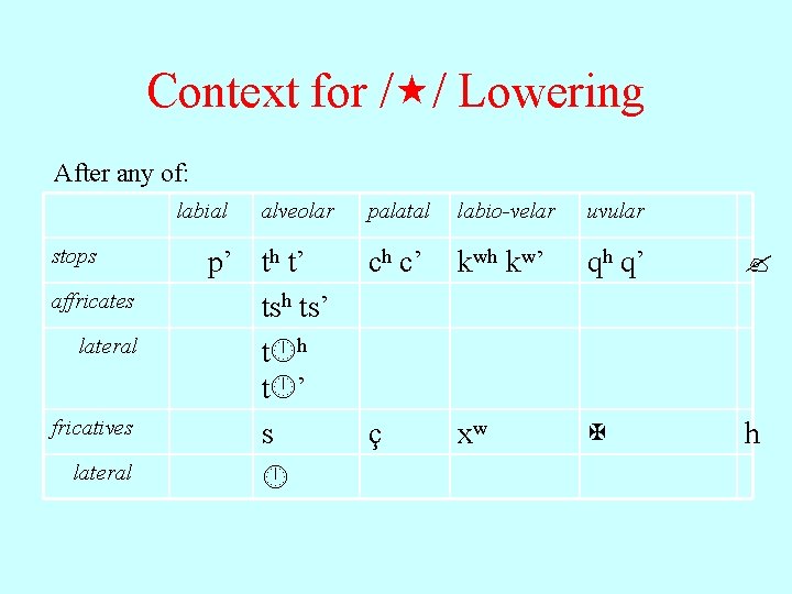 Context for / / Lowering After any of: labial stops affricates lateral fricatives lateral