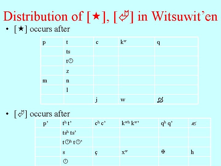 Distribution of [ ], [ ] in Witsuwit’en • [ ] occurs after p