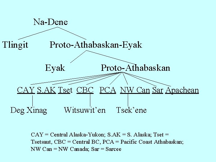 Na-Dene Tlingit Proto-Athabaskan-Eyak Proto-Athabaskan CAY S. AK Tset CBC PCA NW Can Sar Apachean