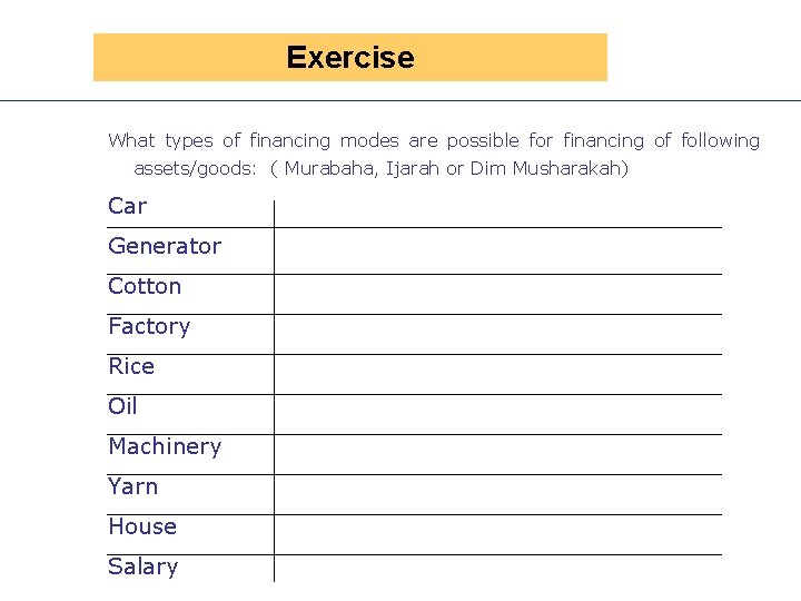 Exercise What types of financing modes are possible for financing of following assets/goods: (