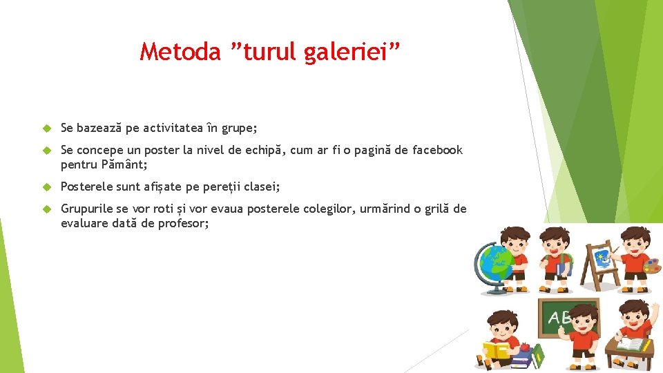 Metoda ”turul galeriei” Se bazează pe activitatea în grupe; Se concepe un poster la