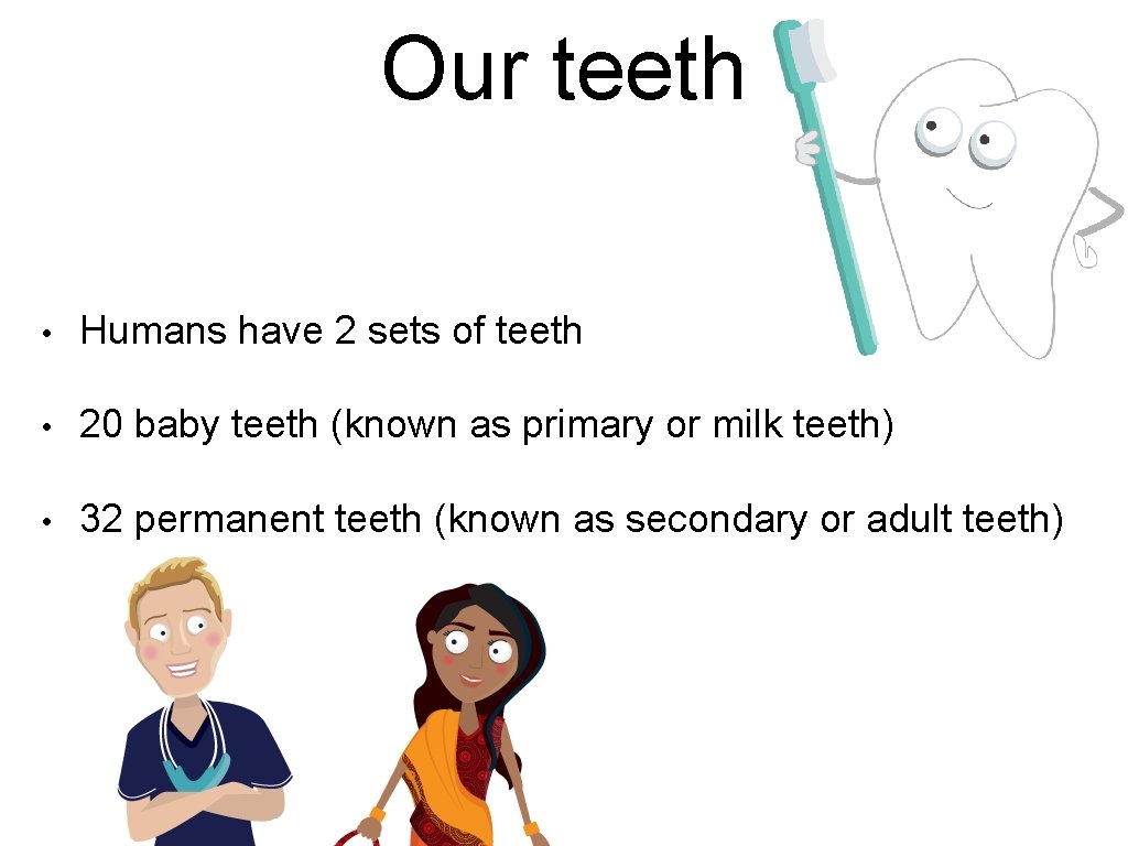 Our teeth • Humans have 2 sets of teeth • 20 baby teeth (known Our teeth • Humans have 2 sets of teeth • 20 baby teeth (known