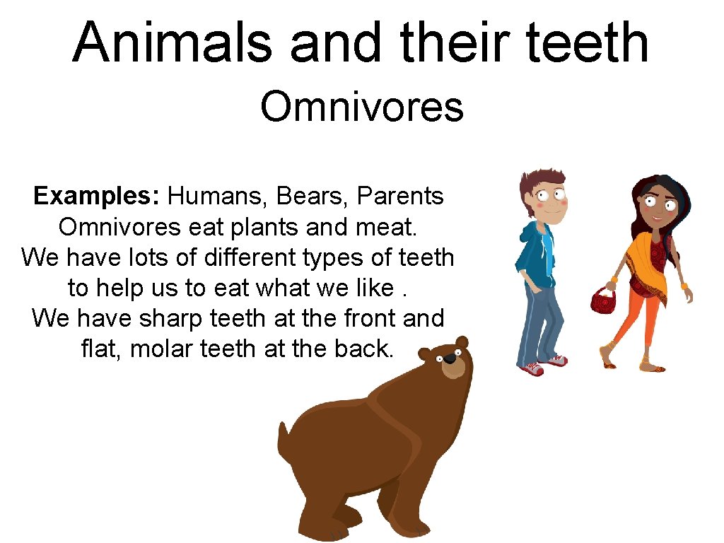 Animals and their teeth Omnivores Examples: Humans, Bears, Parents Omnivores eat plants and meat. Animals and their teeth Omnivores Examples: Humans, Bears, Parents Omnivores eat plants and meat.