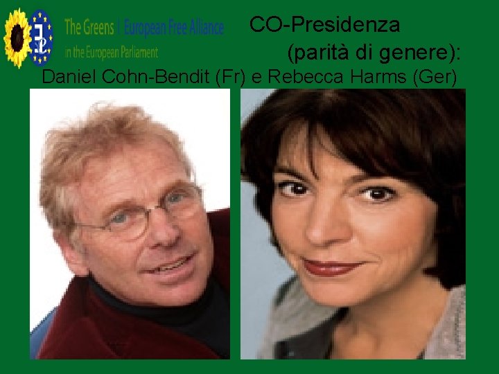 CO-Presidenza (parità di genere): Daniel Cohn-Bendit (Fr) e Rebecca Harms (Ger) 