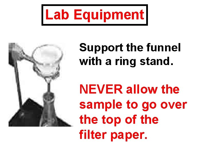 Lab Equipment Support the funnel with a ring stand. NEVER allow the sample to