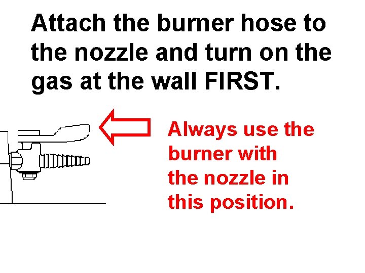 Attach the burner hose to the nozzle and turn on the gas at the