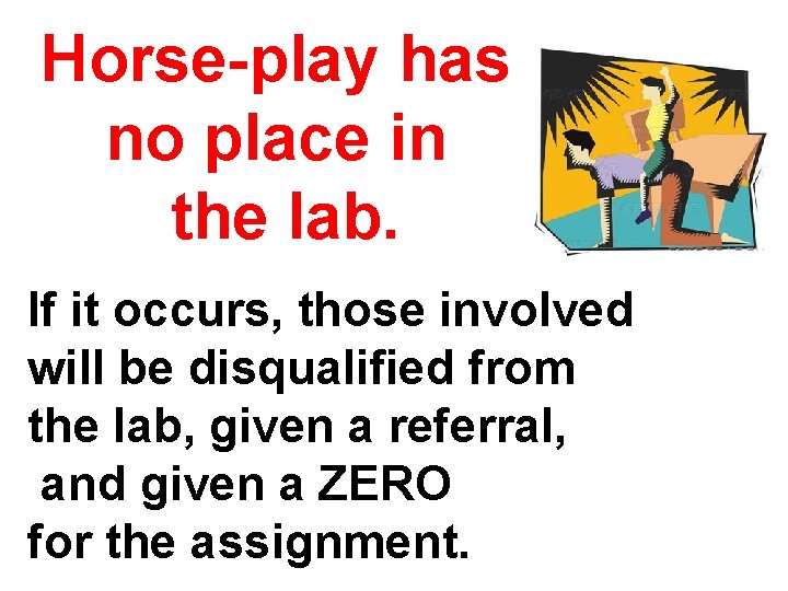 Horse-play has no place in the lab. If it occurs, those involved will be