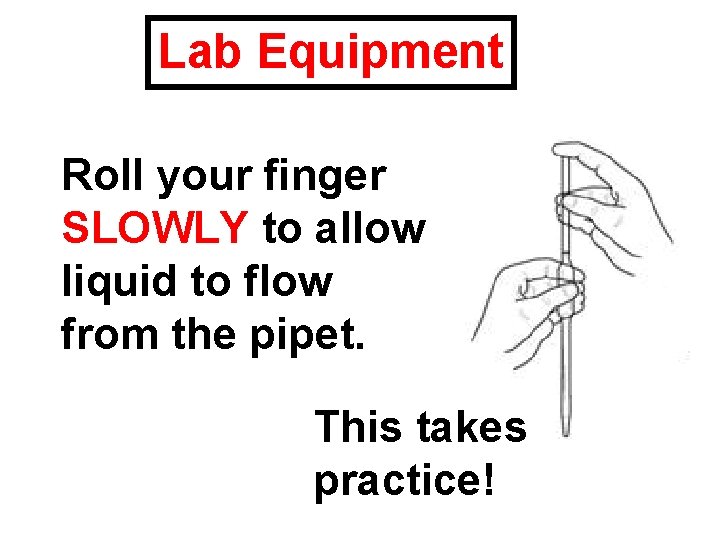 Lab Equipment Roll your finger SLOWLY to allow liquid to flow from the pipet.