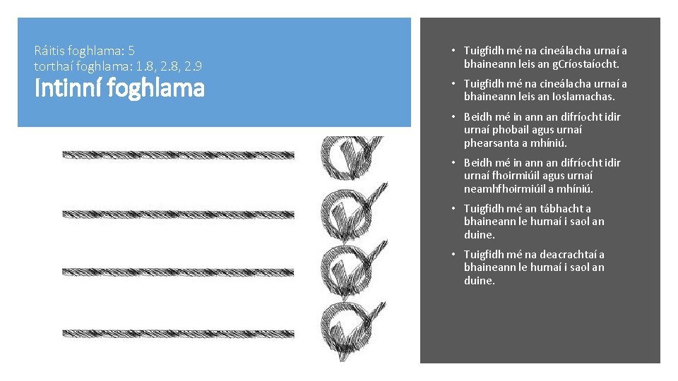 Ráitis foghlama: 5 torthaí foghlama: 1. 8, 2. 9 Intinní foghlama • Tuigfidh mé