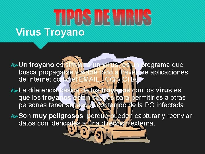 Virus Troyano Un troyano es similar a un virus, es un programa que busca