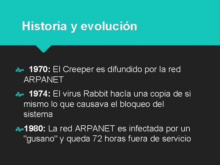 Historia y evolución 1970: El Creeper es difundido por la red ARPANET 1974: El