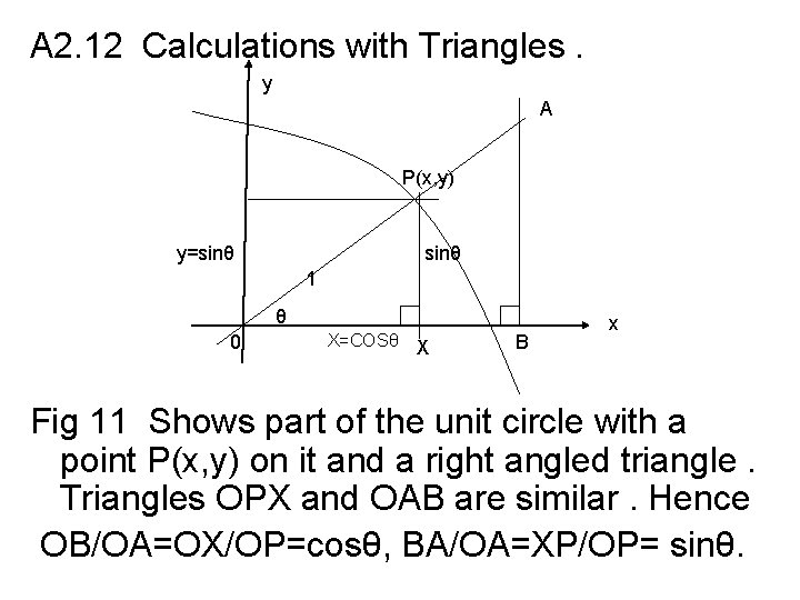 A 2. 12 Calculations with Triangles. y A P(x, y) y=sinθ 1 θ 0