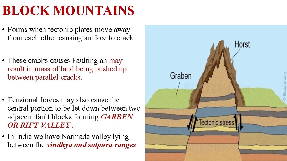 BLOCK MOUNTAINS • Forms when tectonic plates move away from each other causing surface