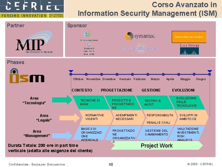 Corso Avanzato in Information Security Management (ISM) Partner Sponsor Phases Ottobre Novembre Dicembre CONTESTO