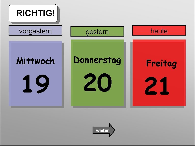 RICHTIG! vorgestern Mittwoch Donnerstag 19 20 weiter heute Freitag 21 