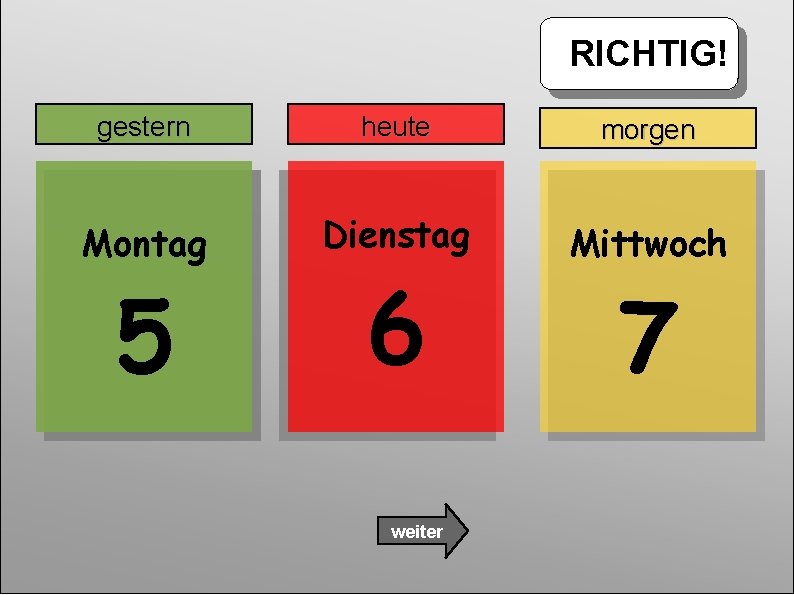 RICHTIG! gestern heute morgen Montag Dienstag Mittwoch 5 6 weiter 7 