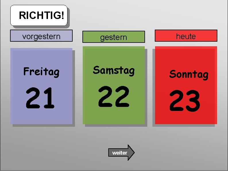 RICHTIG! vorgestern Freitag Samstag 21 22 weiter heute Sonntag 23 