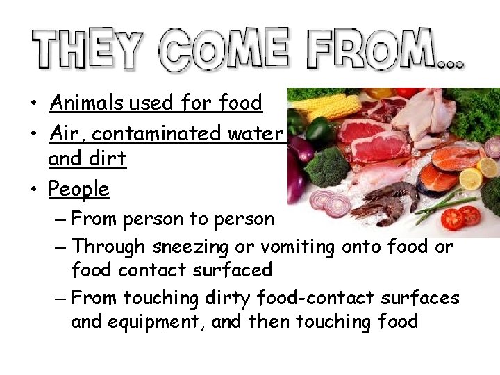  • Animals used for food • Air, contaminated water, and dirt • People