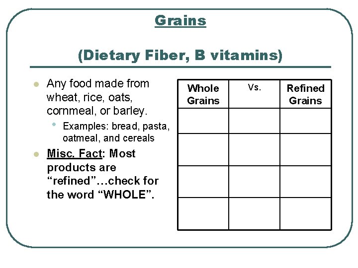 Grains (Dietary Fiber, B vitamins) l Any food made from wheat, rice, oats, cornmeal,