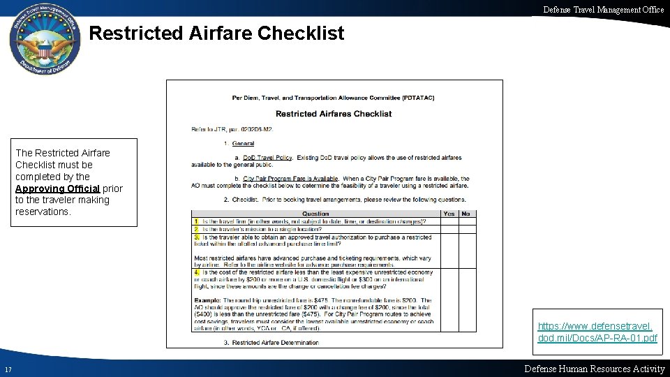 Defense Travel Management Office Restricted Airfare Checklist The Restricted Airfare Checklist must be completed