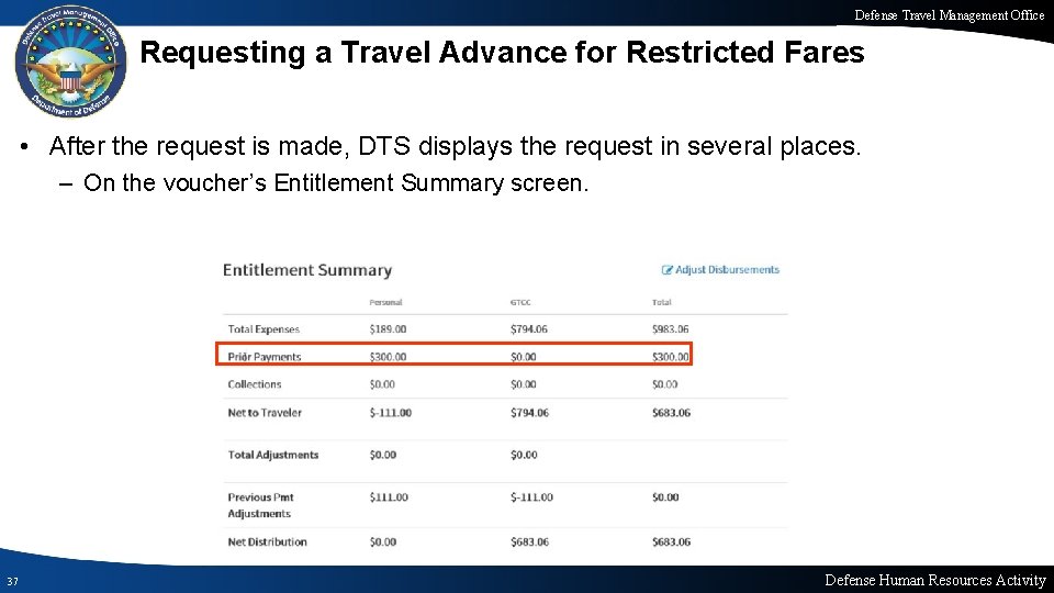 Defense Travel Management Office Requesting a Travel Advance for Restricted Fares • After the