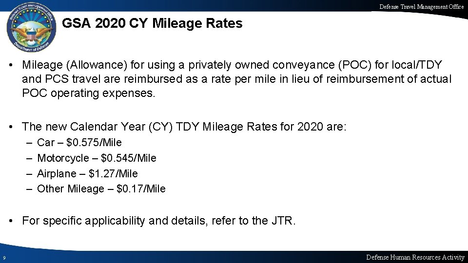 Defense Travel Management Office GSA 2020 CY Mileage Rates • Mileage (Allowance) for using