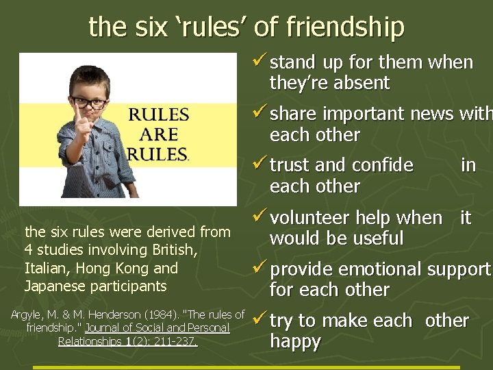 the six ‘rules’ of friendship ü stand up for them when they’re absent ü